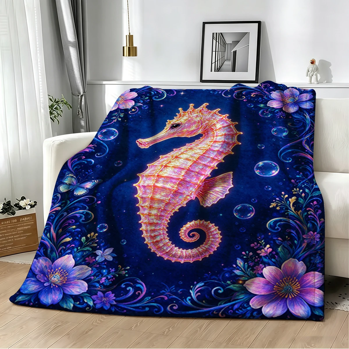 Neon Blue Green Seahorse Flannel Blanket Warm Soft Halloween Christmas Decorative Couch Warm Cozy All-Season Gift - view 2