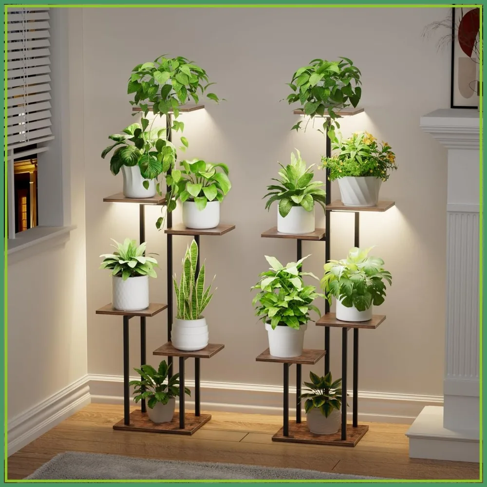 6-Tier Plant Stand with Grow Light, 2 Pack, 43" Tall, Metal Shelf for Indoor Plants, Corner Display Rack for Living Room