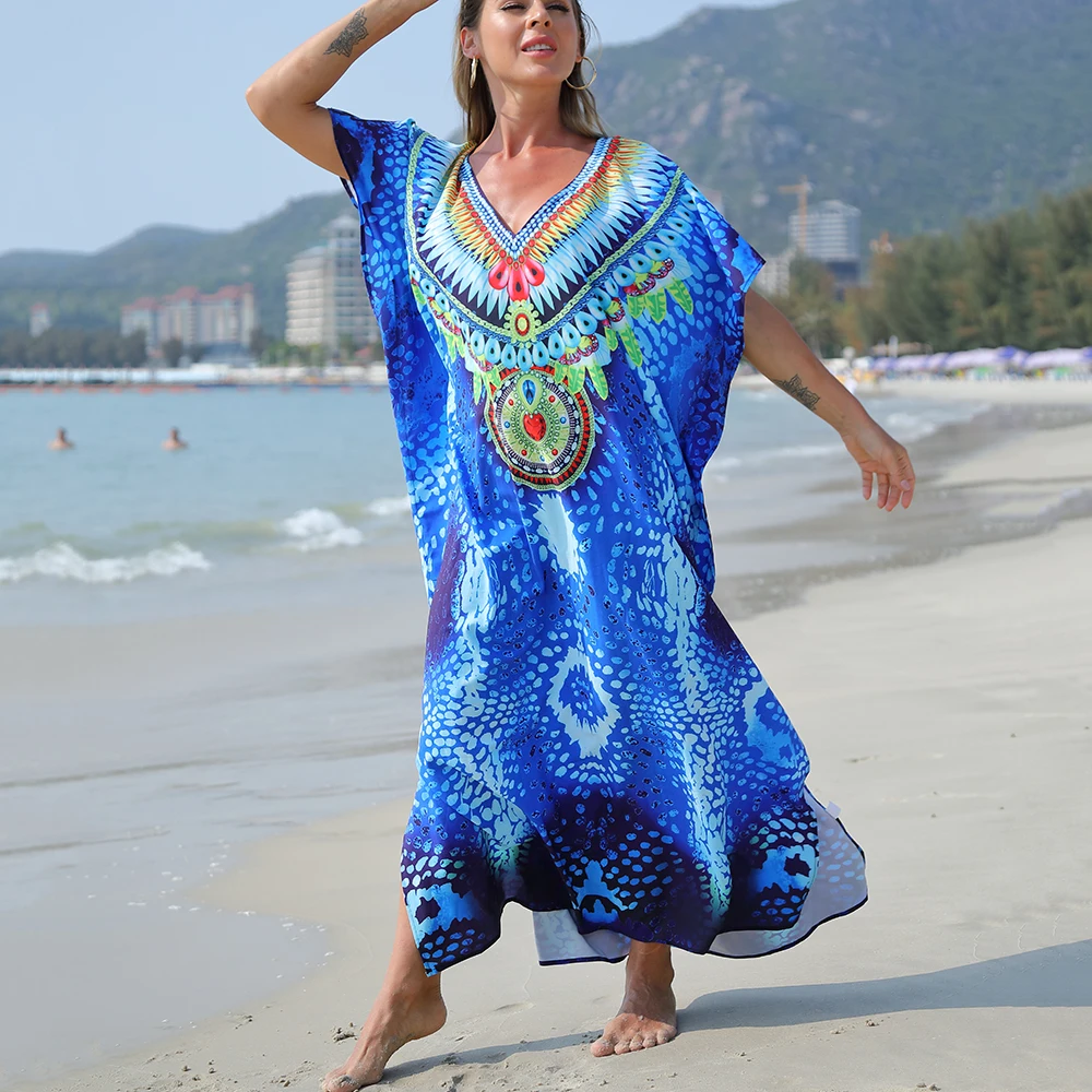 Styl Boho okrycie, Plus rozmiar figura wzór dekolt z dekoltem w szpic sukienka sukienka plażowa