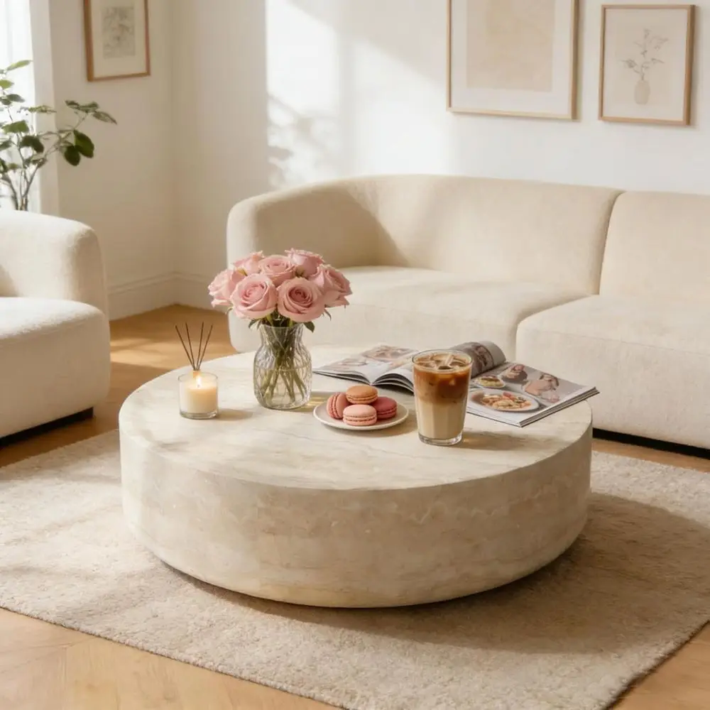 

Marble Coffee Table, Round Living Room Coffee Table, Circle Drum Side Tables, Fiberglass Small Space End Table