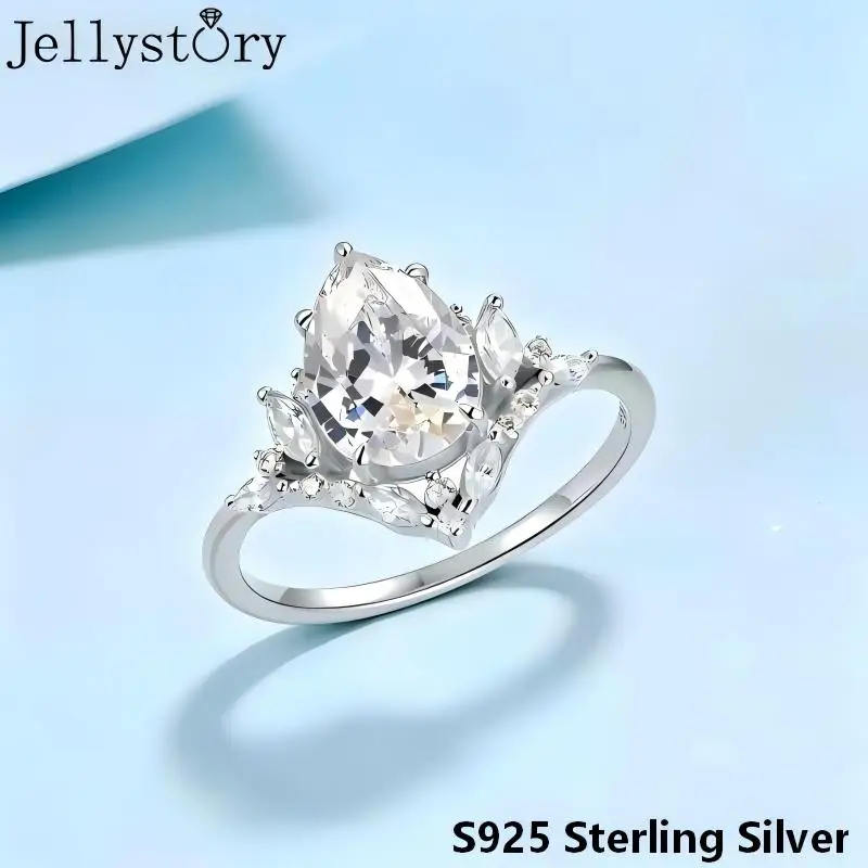 JellyStory S925 Silver Teardrop Crown Band, Full Inlaid Moissanite Minimalist Design, Princess Inspired Jewelry for Daily Wear