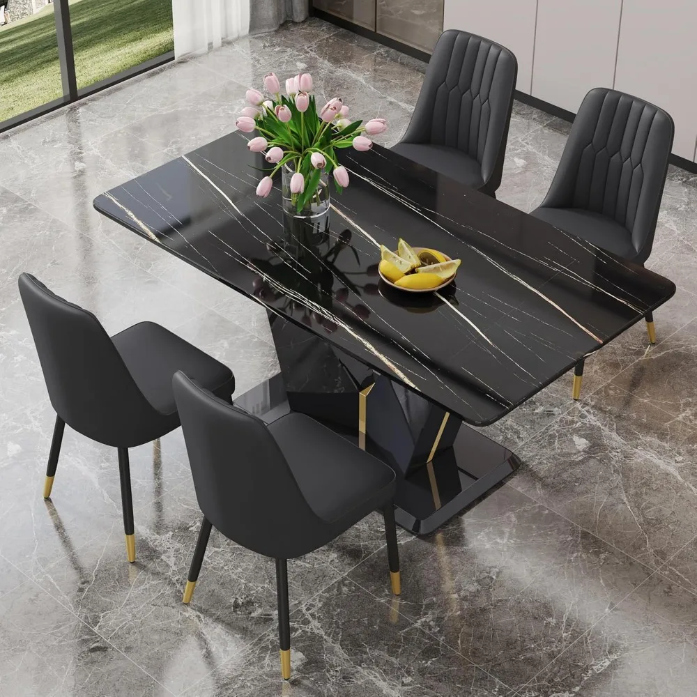 Marble Dining Table Set,Modern Dinings TablewithMDF Base Dinings Room Table and 4 Upholstered Metal Leg Chairs,Dining Room Sets