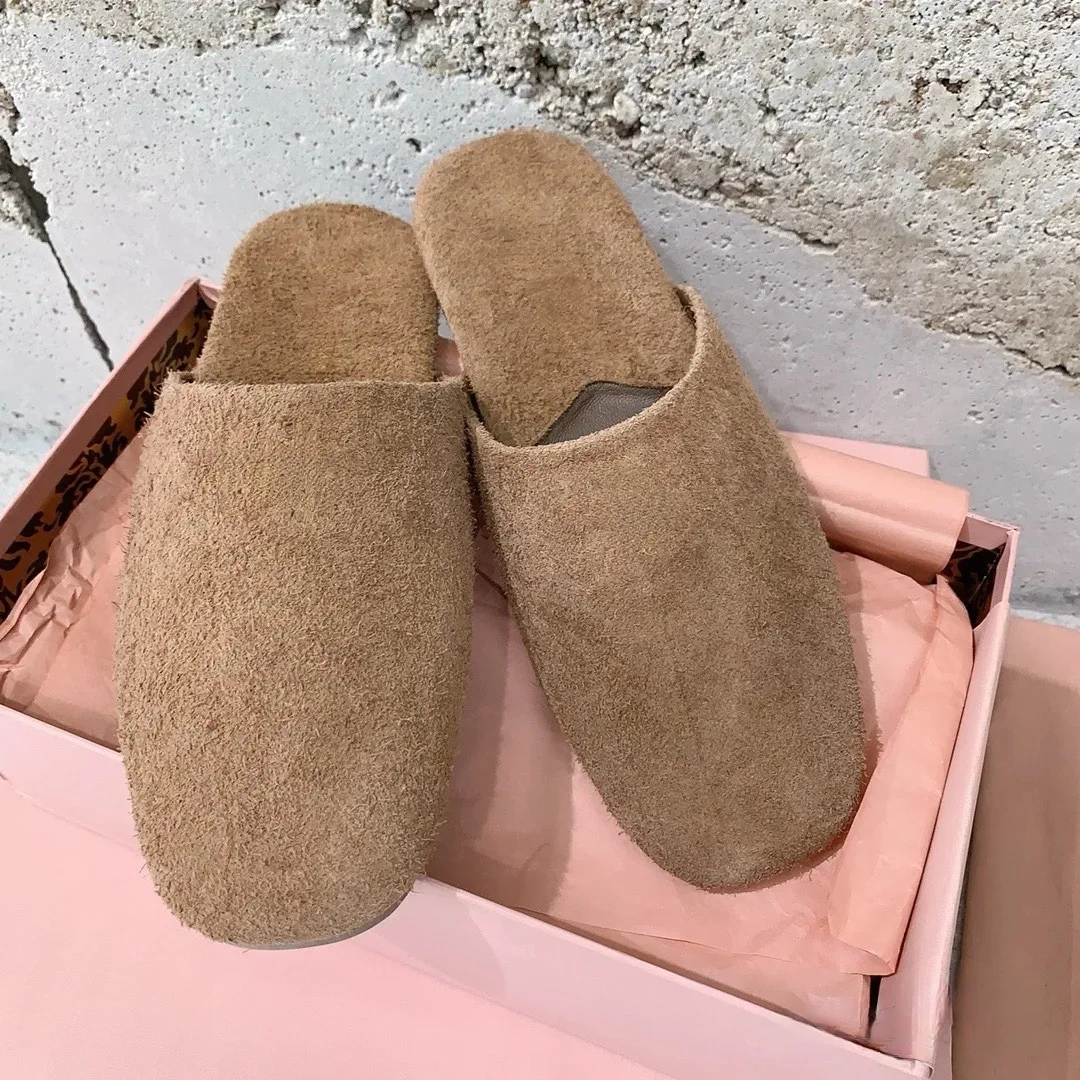 

Square Closed-Toe Mules Slippers Women Solid Color Leather Sandały Damskie Flat Sole Shallow Zapatos Mujer Home Shoes Leisure