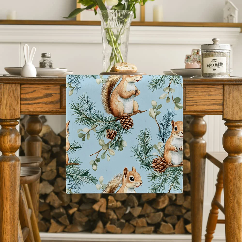 Christmas Squirrel Pine Cone Table Runner Wedding Decoration Cloth Dining Decor Coffee Table Runners Washable Dining Long Cloth