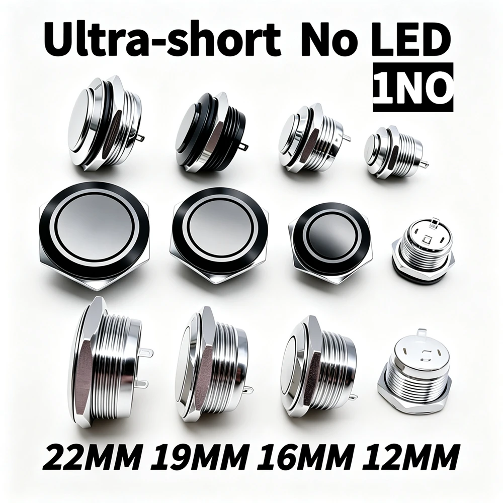 12/16/19/22mm Mounting Hole Momentary Self‑reset Metal Push Button Switch, Mini Short‑Stroke Waterproof No LED Silver Black 1NO