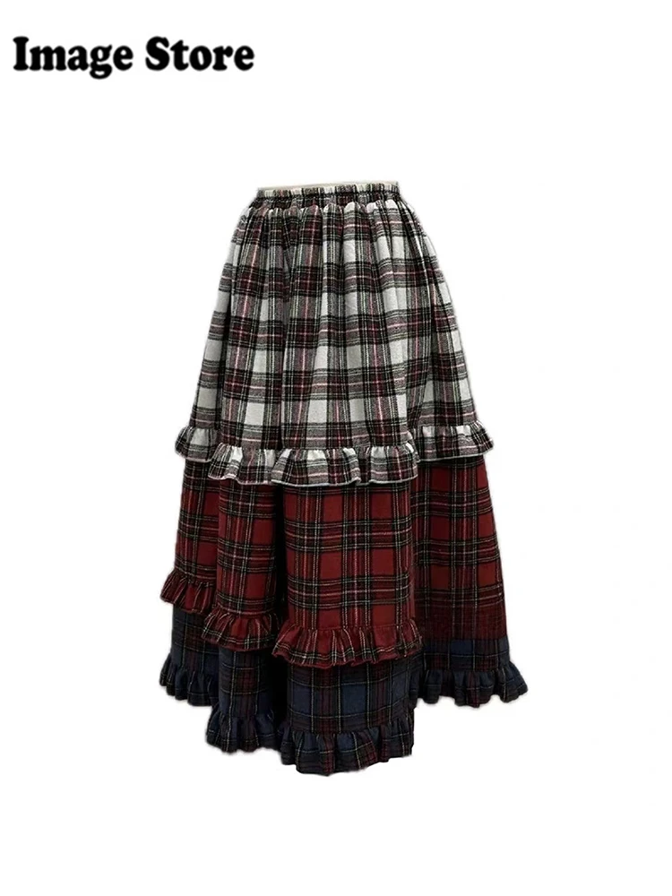 Spring Women 2000s Aesthetic Elastic Waist Midi Plaid Scottish Skirt Patchwork French Vintage Shoujo Girl Korean Fashion Stylish