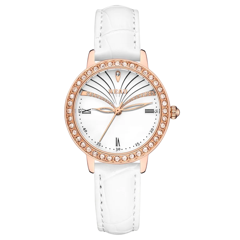 READ Slim Ladies Analog Watch | Roman Numeral Markers | White Textured Band | Daily Water Resistant Women Dress‑up Wrist Watch