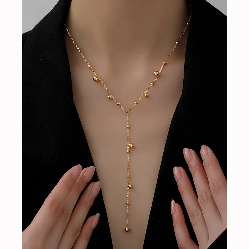 Stainless Steel Gold Color Beads Chain Necklace for Women Simple Long Tassel Clavicle Chain Party Jewelry