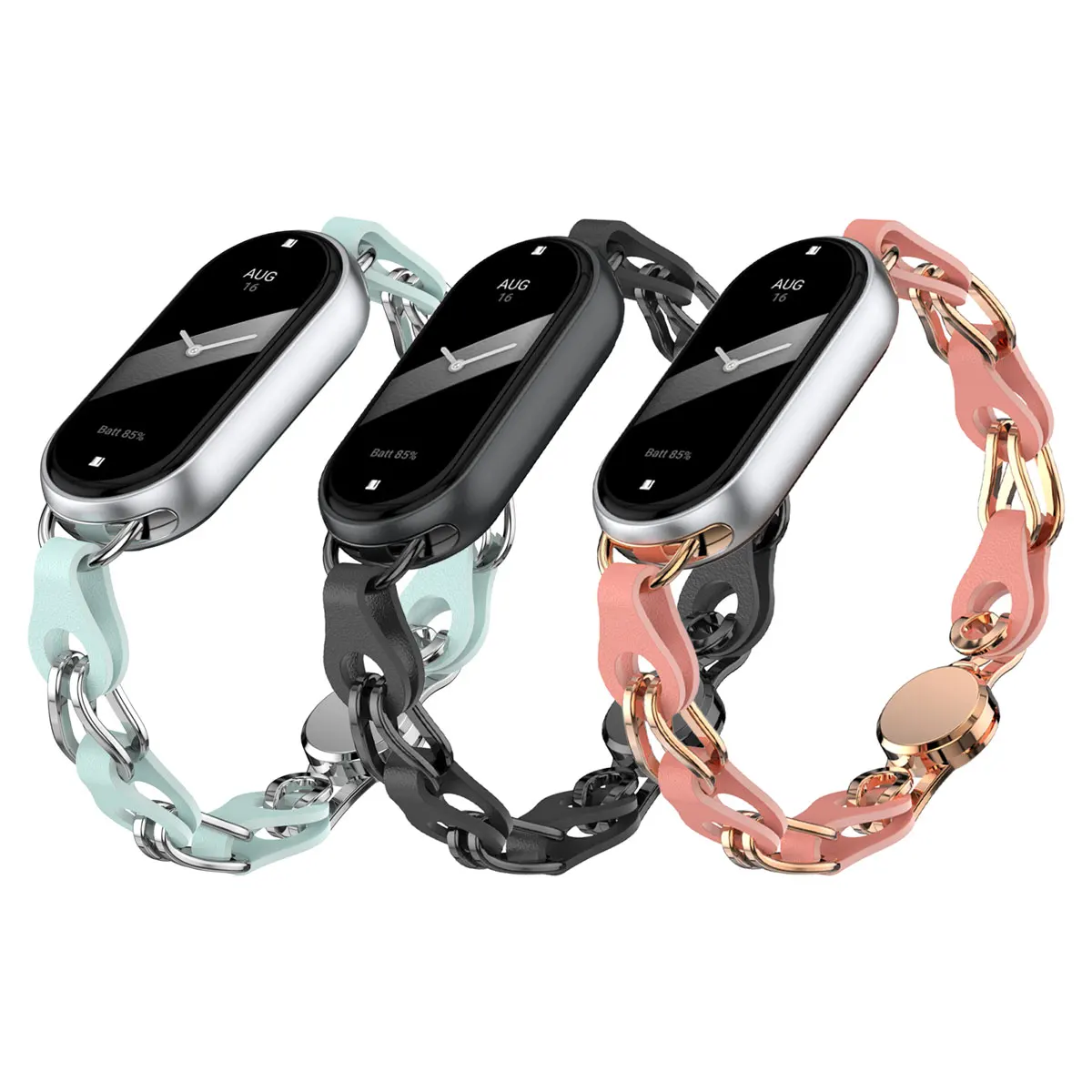 For Xiaomi Band11/10/9/8/nfc Hollow Leather Chain Strap Metal Leather Splicing Strap Personalized Light Luxury ReplacementStrap