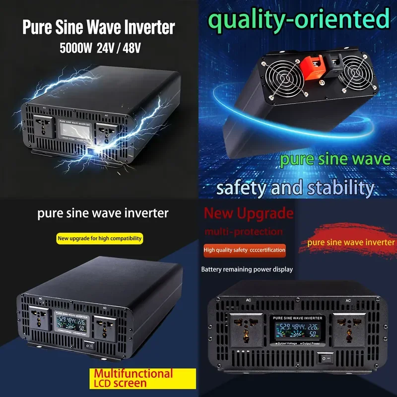 5000W Off Grid Pure Sine Wave Inverter 24V 48V DC to 110V 220V AC Converter for Solar Car RV Home System
