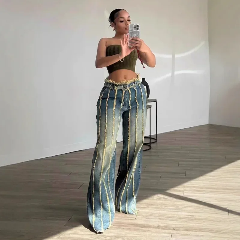 Striped Tassel Washed Denim Wide Leg Pants Women Fashion High Waist Button Fly Loose Casual Jeans Trousers Streetwear Bottoms