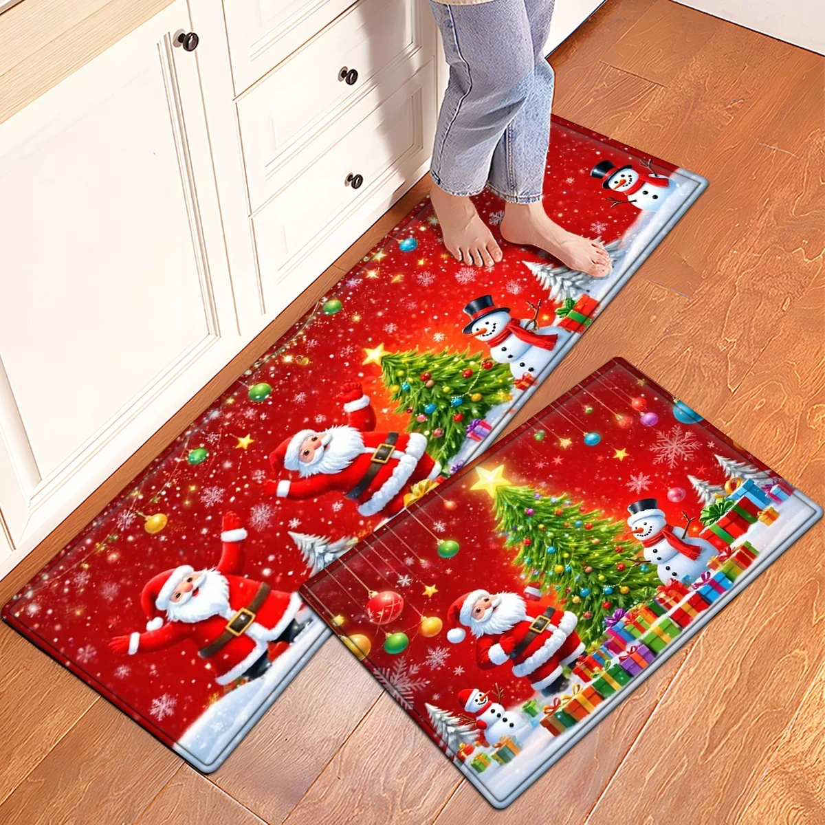 1/2/3pcs set Santa Claus Snowman Christmas Kitchen Mat Non Slip Runner Rug Bedroom Laundry Hallway Living Room Floor Carpet
