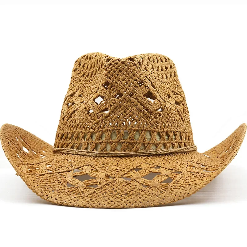 Spring/summer cut-out cowboy hat hand-woven natural grass breathable cool warped jazz top hat