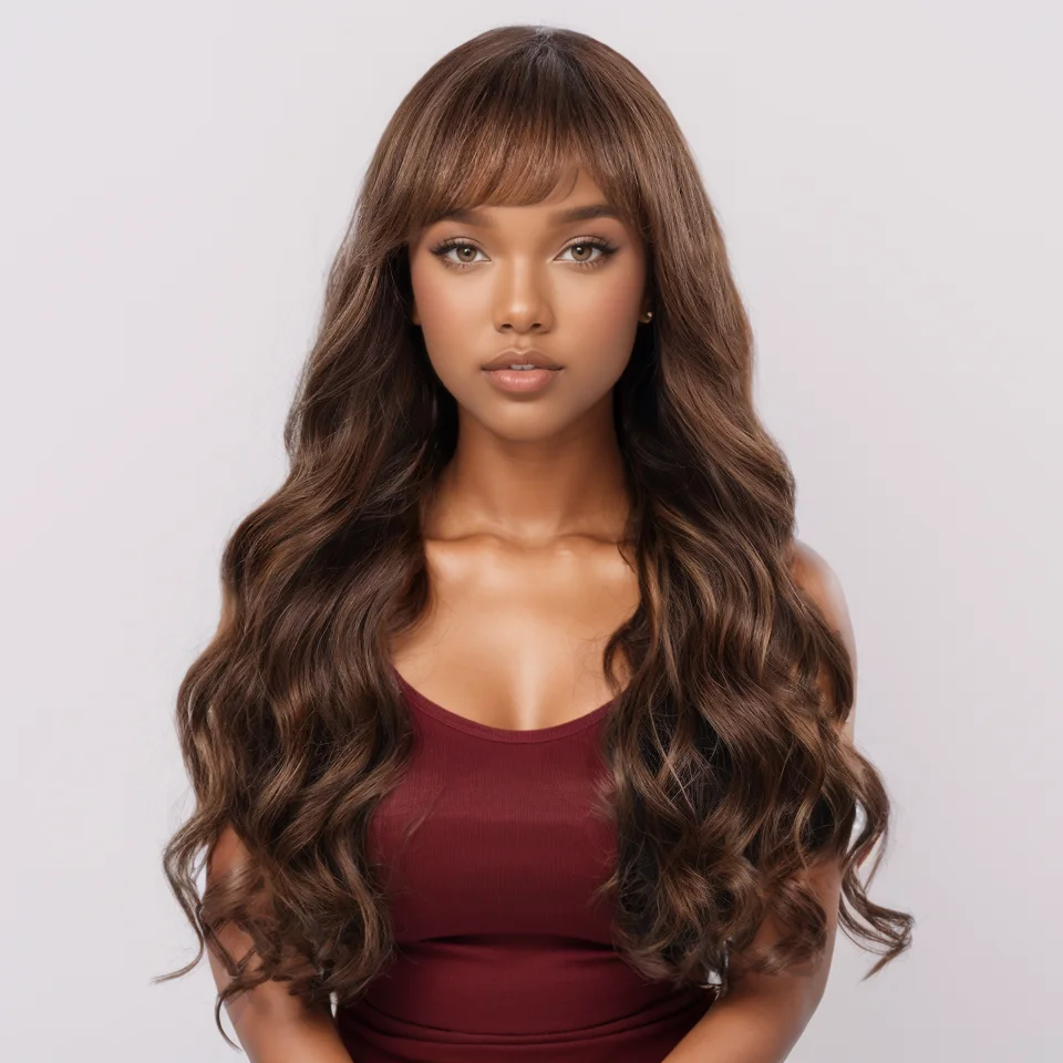 

22 Inch Highlight Colored Human Hair Wigs For Women Body Wave Hair Wigs With Bangs 100% Real Ready To Wear Lace Inside Wigs