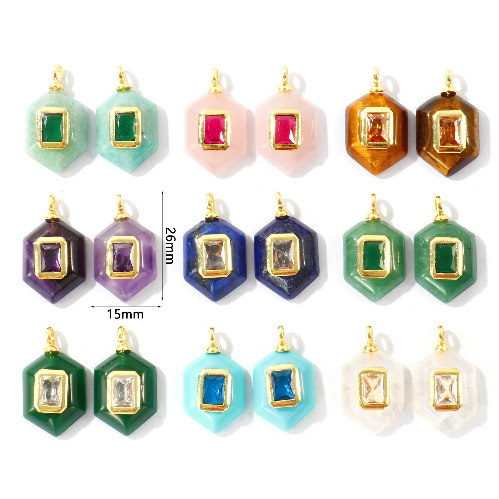 2Pcs Hexagon Natural Stone Geometric Pendants Clear Cubic Zirconia Brass 18K Gold Plated Charms DIY Necklace 26X15mm Wholesale