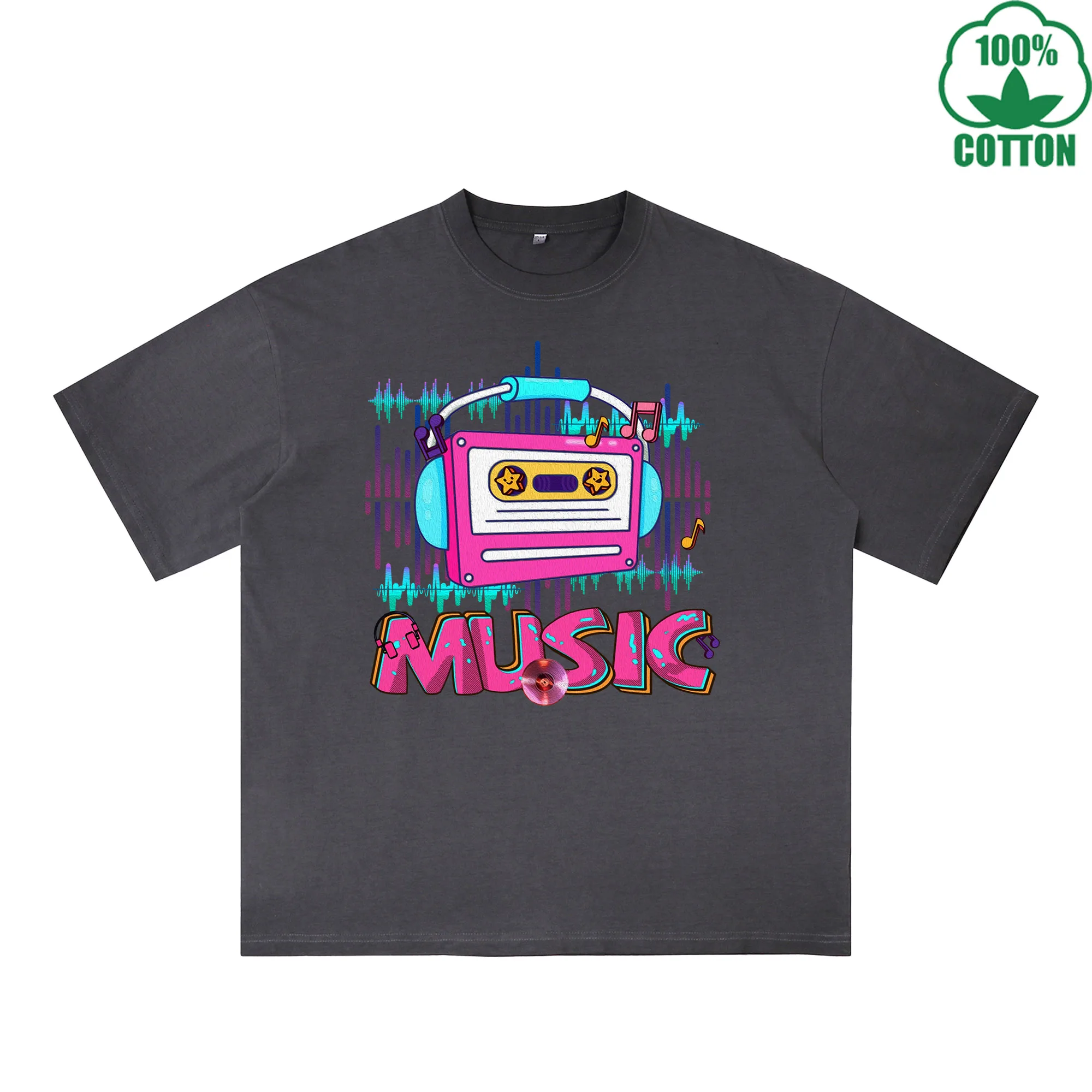 

Music Printed Dirty WashT-Shirt 230G Multicolor Loose Trendy Fashionable 100%Cotton Short Sleeve Top