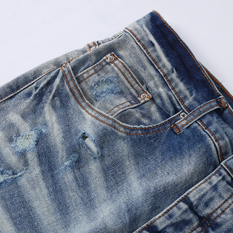 y2knew light blue jeans washed with retro distressed black leather patch elastic slim fit jeans high street hip-hop bra