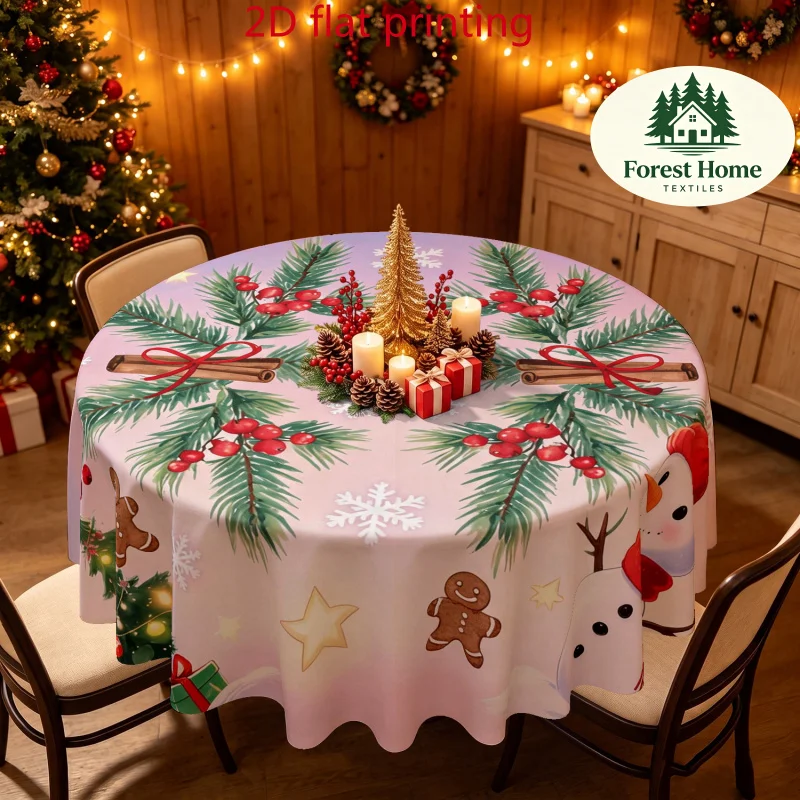 Ro tablecloth 1pc Christmas pine branches and red fruit pattern round tablecloth, full of retro festive atmosphere