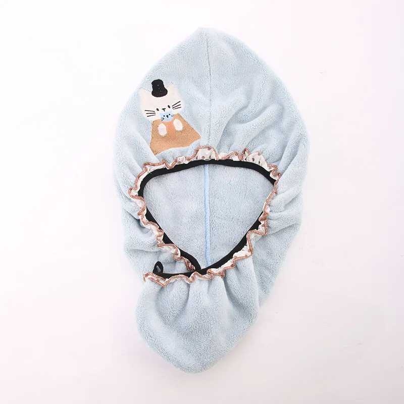 10A Antibacterial Unie Bear Microfiber Hair Drying Cap with Cartoon Embroidery Thickened Coral Fleece Bath Cap for Adults