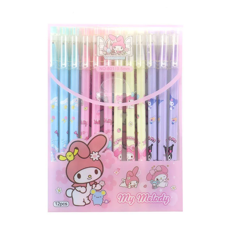 Sanrio Family 12-24pcs Kawaii Stationery Prize Gel Pen Hello Kitty Kulomi My Melody Black 0.5mm Student Writing Supplies School