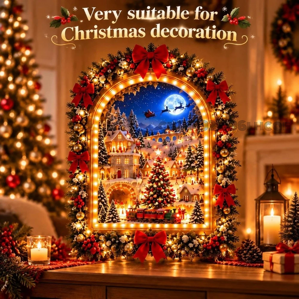 The Christmas Portal Animated Christmas Village Light Up Wall Decor LED Art Xmas Holiday Indoor Glowing Magic Train Sleigh