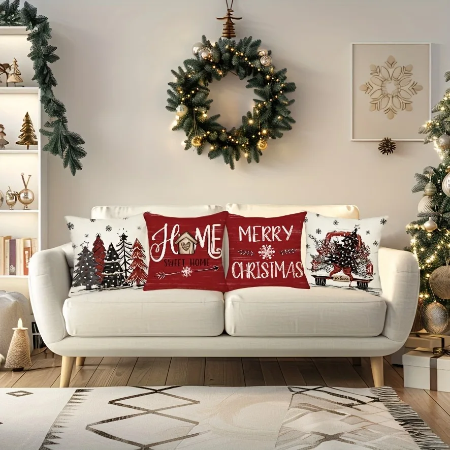Fundas de almohada con temática navideña: árboles festivos, hogar dulce hogar, Feliz Navidad y diseños de camiones navideños