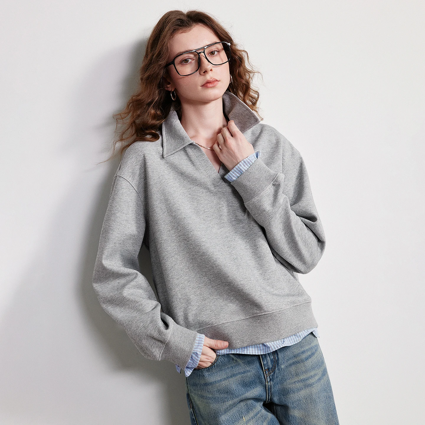 TOYOUTH Women Heavyweight Cotton Sweatshirt 2026 Spring New Patchwork Plaid Fake Two-Piece Collar Loose Gray Top