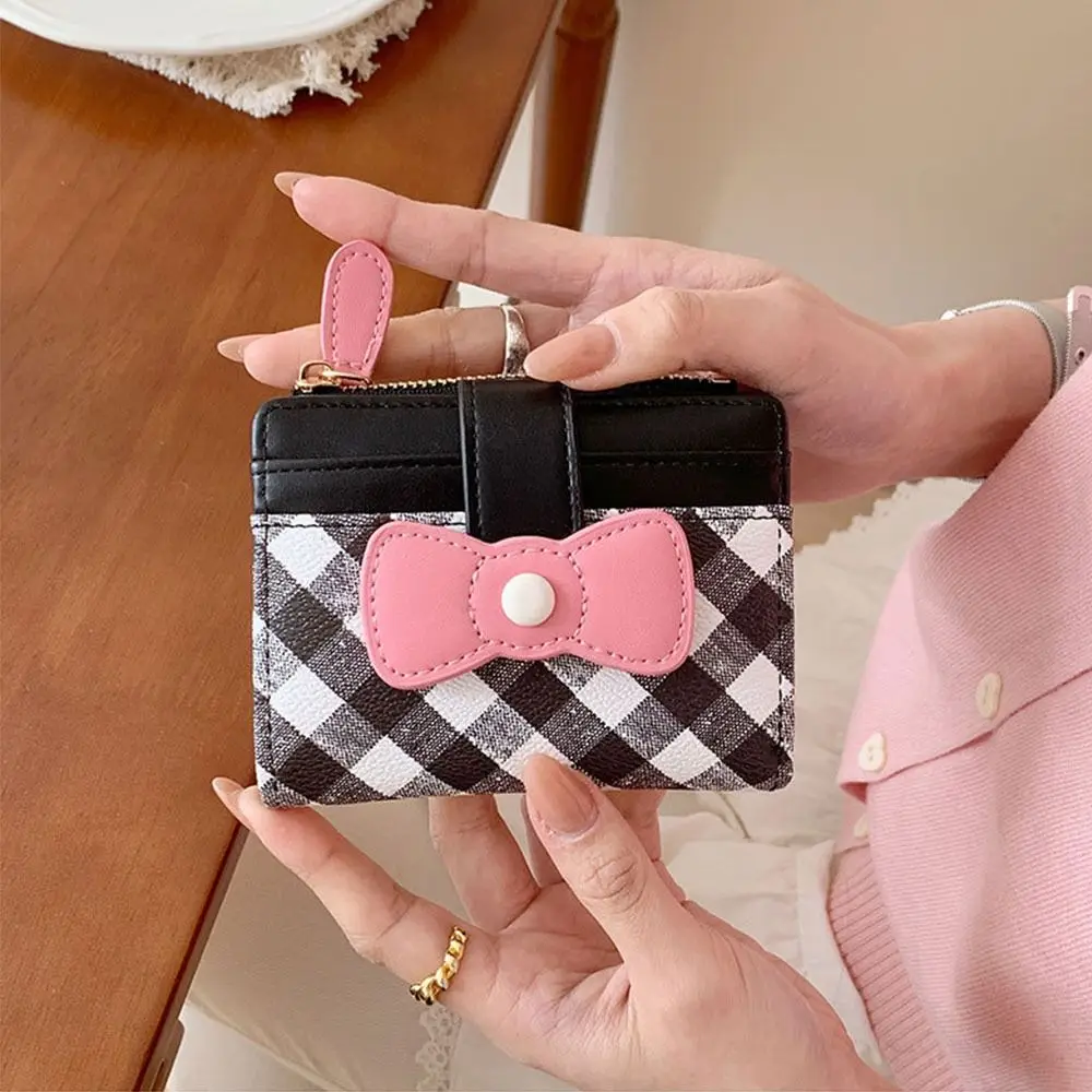 Portable Checkered Bow Wallet Multiple Card Slots Dopamine Women Wallets Coin Purse Women Girls