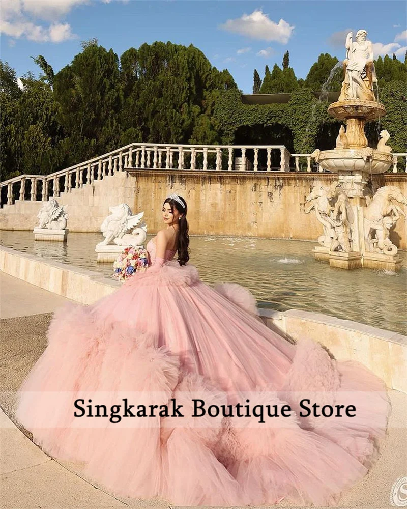 Schatz rosa Prinzessin Ballkleid Quince anera Kleider mit zwei Handschuhen Perlen gestufte Rüschen süß 16 Kleid Vestidos Brautkleid