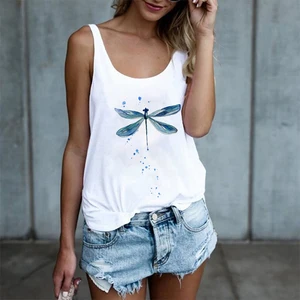 Summer O-neck Sleeveless Casual Tee Shirt Harajuku Tank Tops  Female Streetwear Blue Dragonfly Print Women  