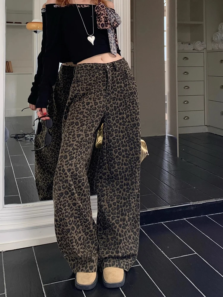 

High Waist Leopard Print Denim Jeans Women's Spring 2026 New American Loose Wide Leg Sexy Long Pants Casual Wear
