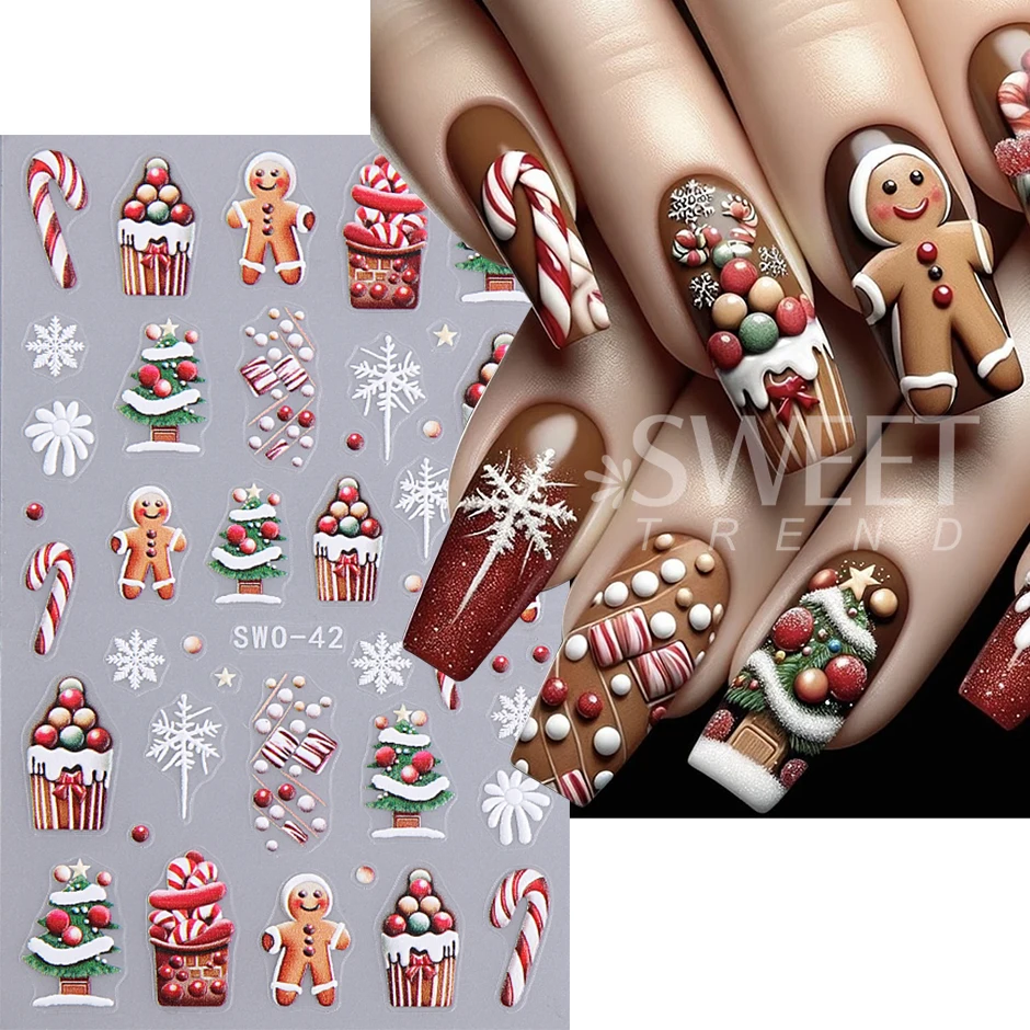 2/4pcs Christmas Cartoon Nail Stickers Santa Claus Snowman Reindeer Gingerbread Adhesive Slider Glove Nail Decals Manicure Decor