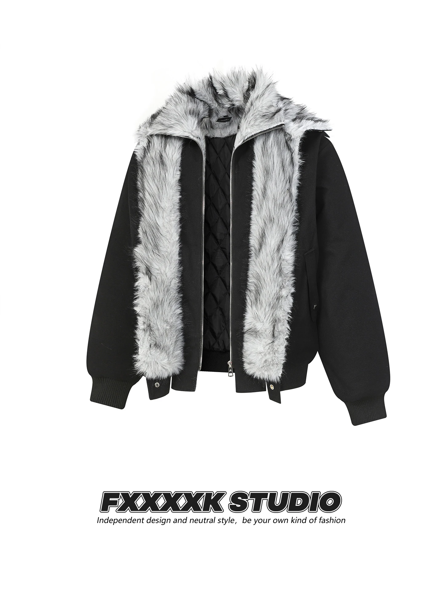 

FXK Original American Retro Trendy Brand Cotton Jaet Men's Thiened Warmth Fur Collar Double Zipper Polyester Inner