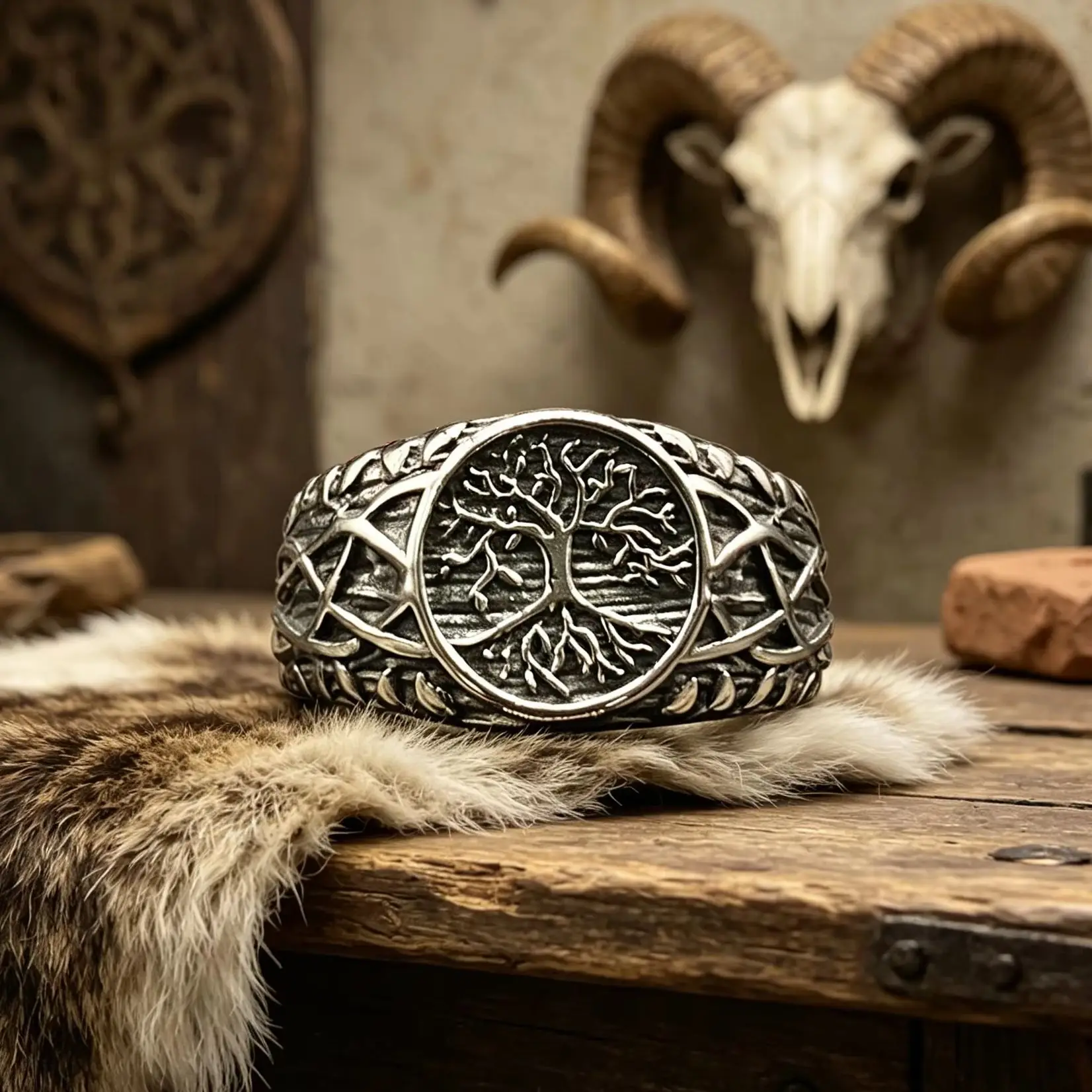 Vintage Norse Tree Of Life Signet Ring, Stainless Steel Band For Men, Retro Nordic Celtic Style Jewelry