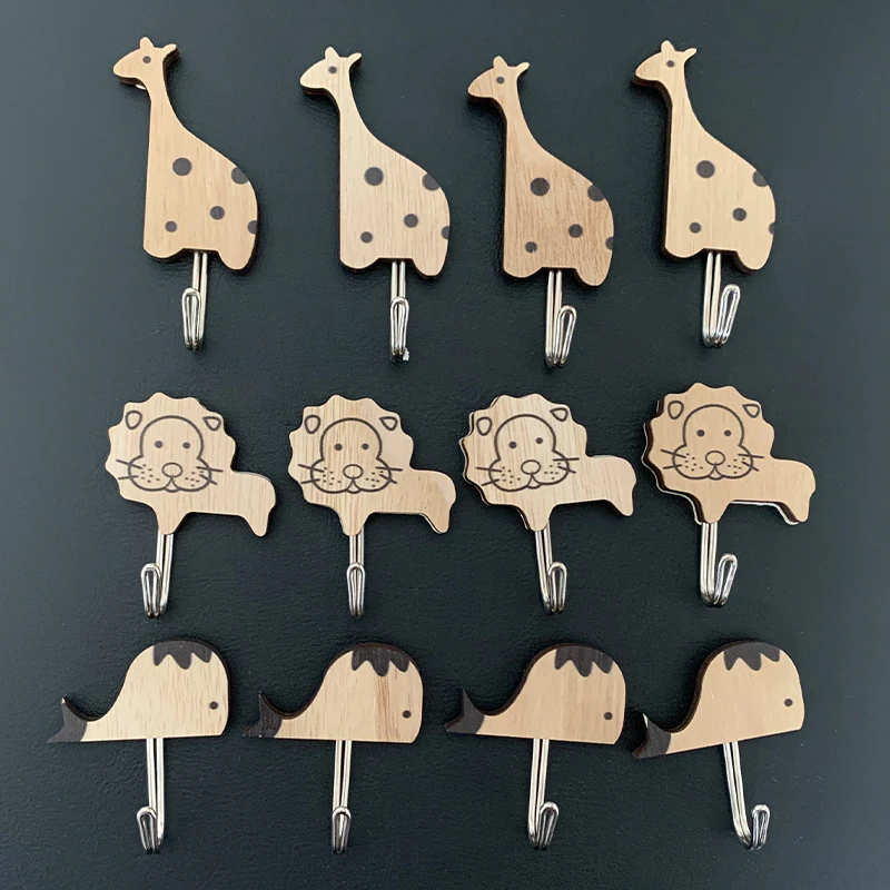 8 pieces, wooden cartoon animal hooks, can hang keys, hats, towels, self-adhesive household door hooks, can bear about 1 pound