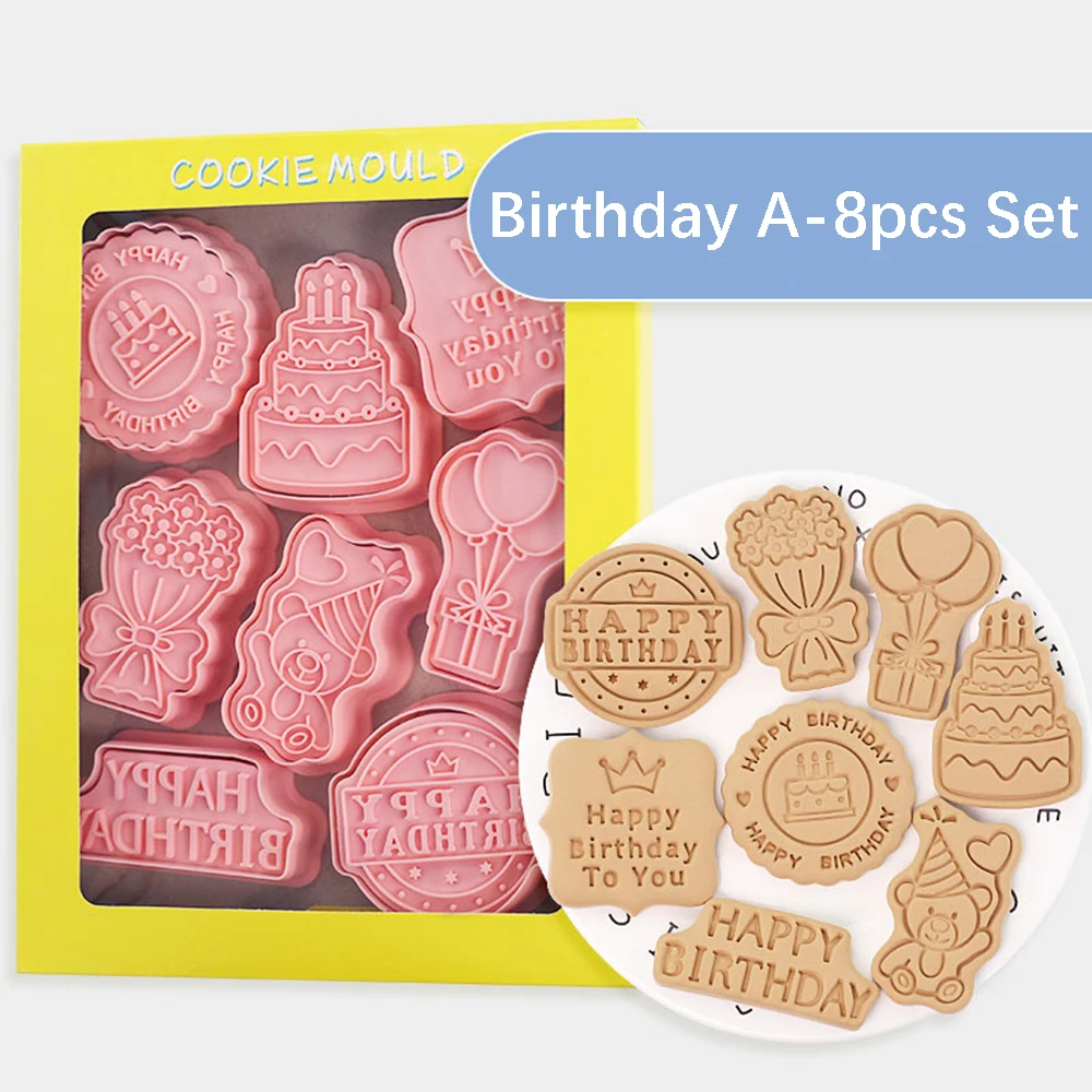 

8Pcs Happy Birthday Cookie Cutters Biscuit Mold Birthday Party Cookie Stamp DIY Kitchen Bakeware Tools Baking Child Party