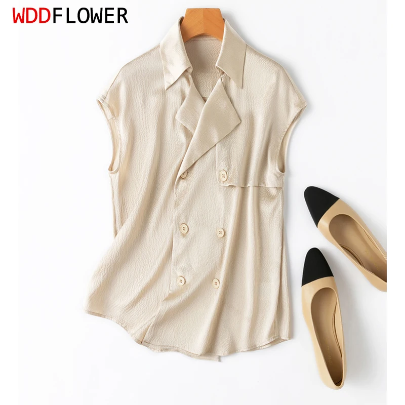 93% Mulberry Silk 7% Spandex Women Short Sleeve Shirt Soild Beige Turn-Down Collar  Buttons Down Top Outwear L XL XXL MM978