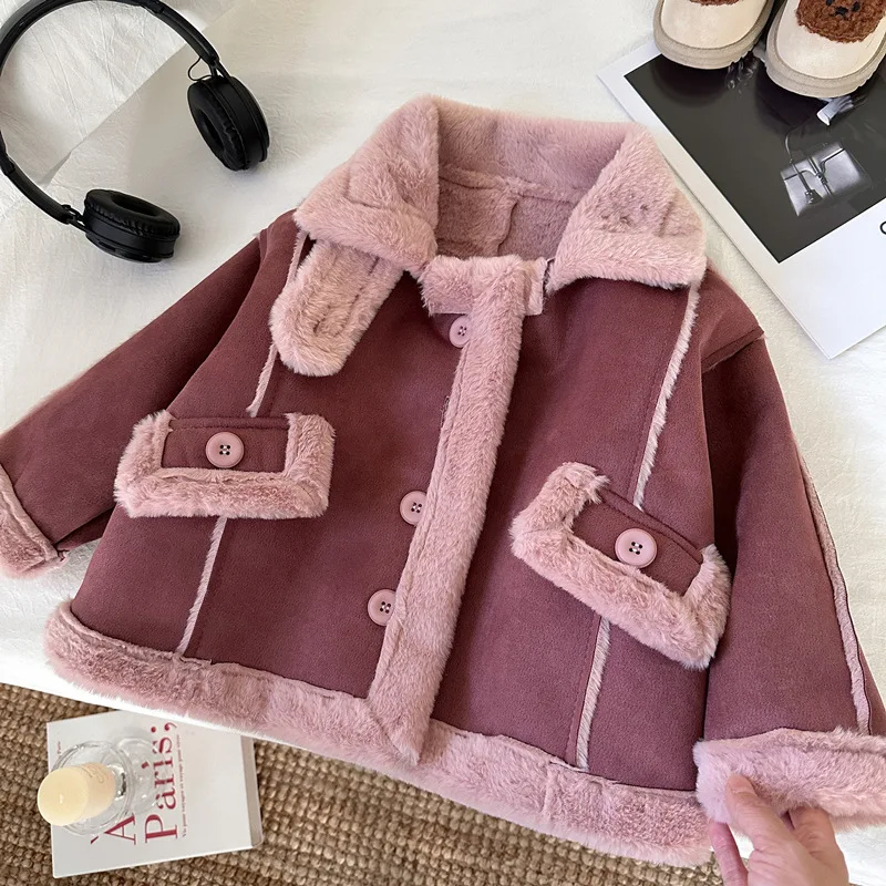 

2025 Winter Girls Fleece Lined Coat Jacket Long Sleeve Outerwear Warm Windproof Top for Toddler Kids 2-8 Years Fashion Outerwear