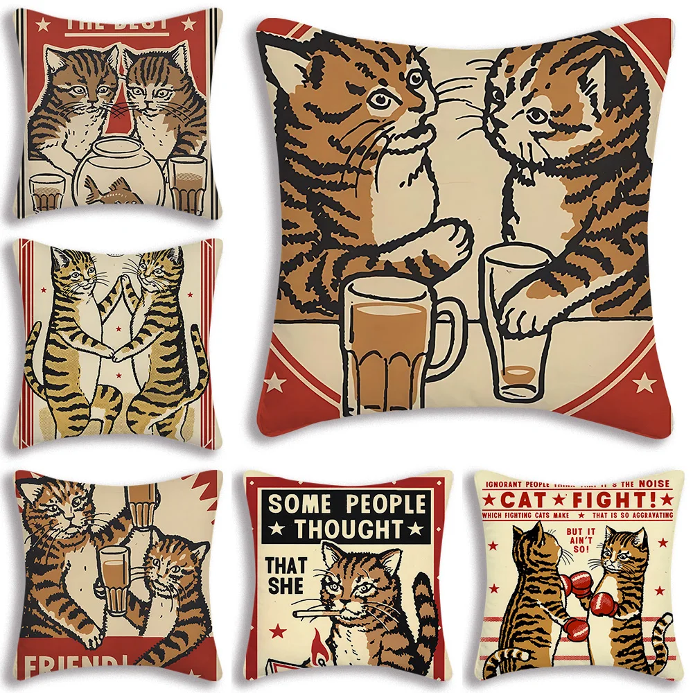 

Everybody Cheers Drunk Cats Pillow Covers Cartoon Sofa Decorative Home Double-sided Printing Short Plush Cute Cushion Cover