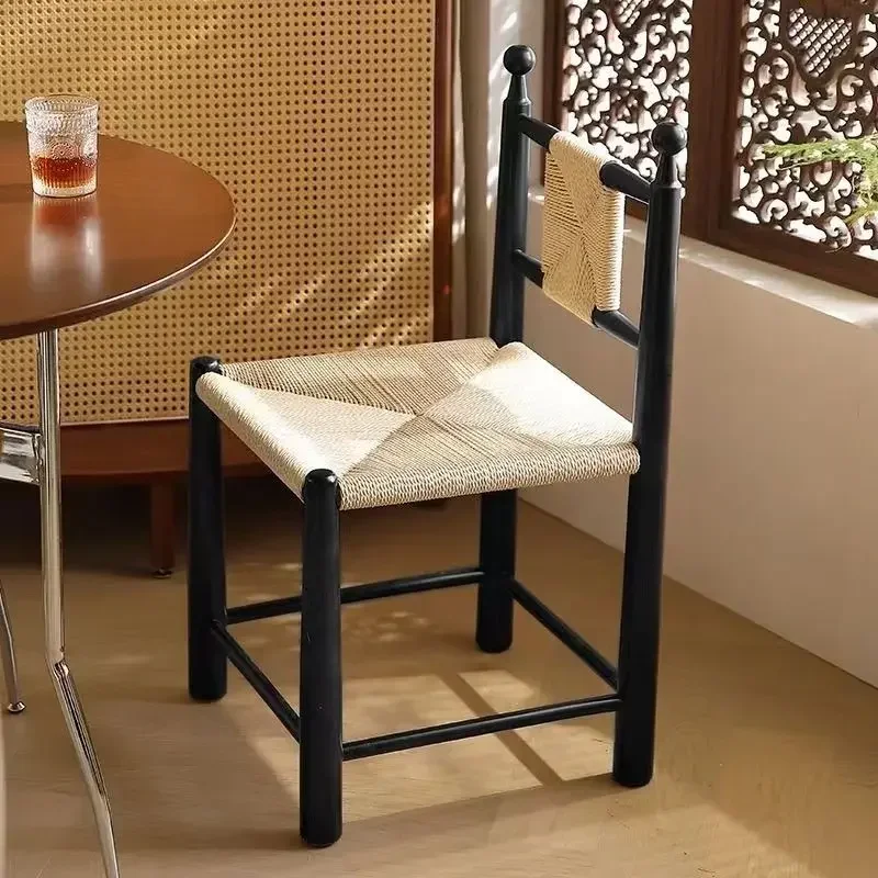 Antique Solid Wood Rattan Dining Chair Retro Grass Rattan Chair Household Simple B&B Cafe Leisure Rattan Backrest Chair