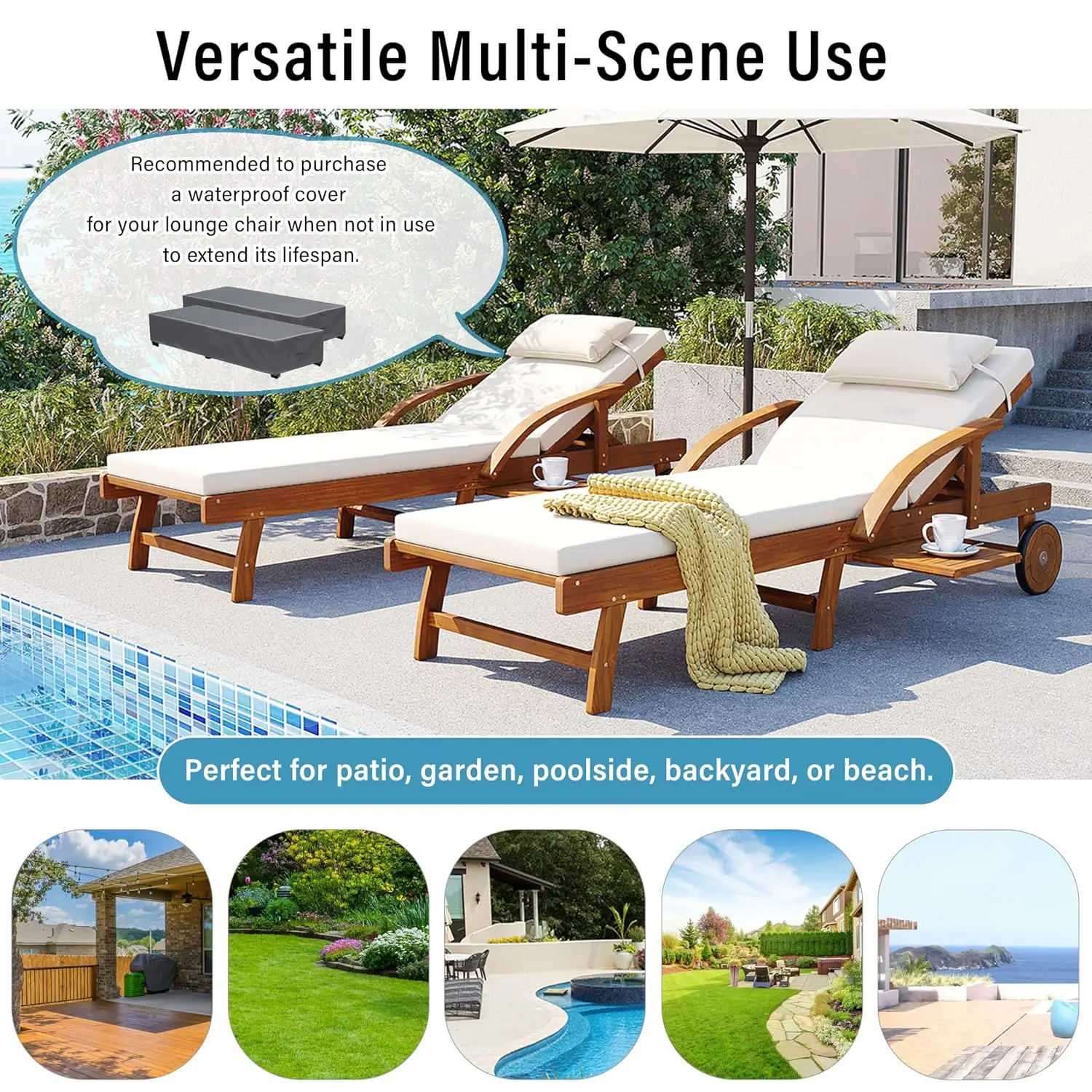 Acacia Wood Patio Chaise Lounge 2-Pack with Cushions, Adjustable Backrest & Retractable Tray for Pool Garden, Customized