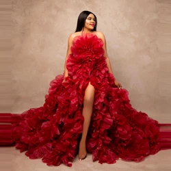 Bridal Red Handmade Flowers Tulle Party Dresses Sexy Front Split Flormal Long Maternity Photography Dresses Luxury Pregnancy Gow