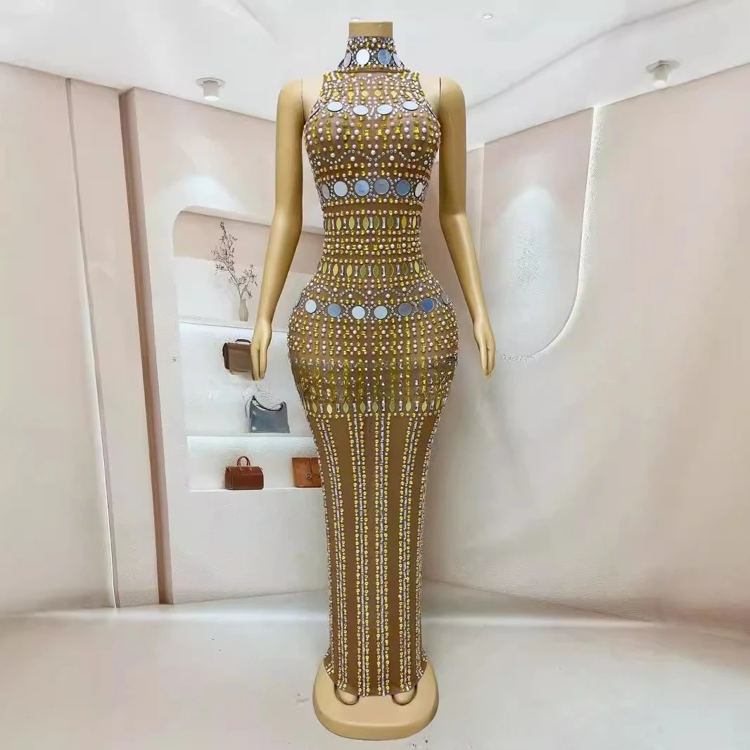 성능 의류 메쉬 민소매 핫 다이아몬드 중간 및 긴 캐주얼 파티 파티 드레스 골드 벨트 Kleider Für Besondere Anlässe