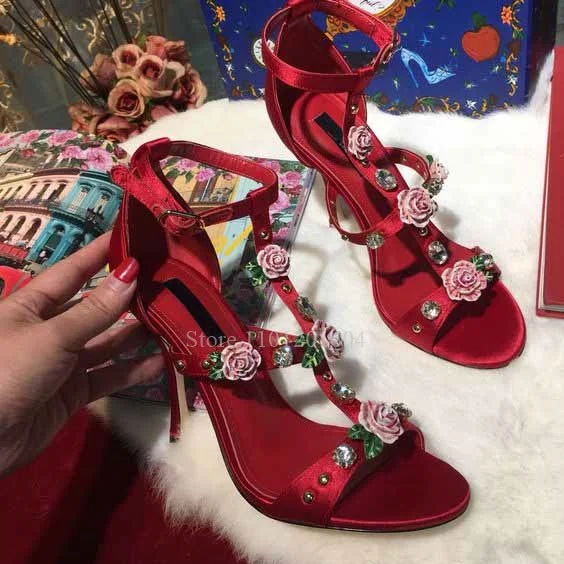 High Heels Flower Rhinestone 3D Rose Design Crystal Sandals Cover Round Head Buckle Solid Color Strap Fashion Summer Women Shoes