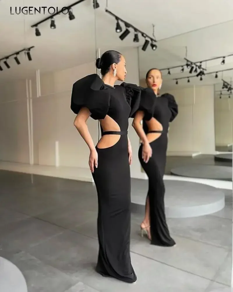 Vestido de festa feminino sexy puff manga sem costas preto vestidos finos feminino casual rendas elegante jantar longo lápis roupas