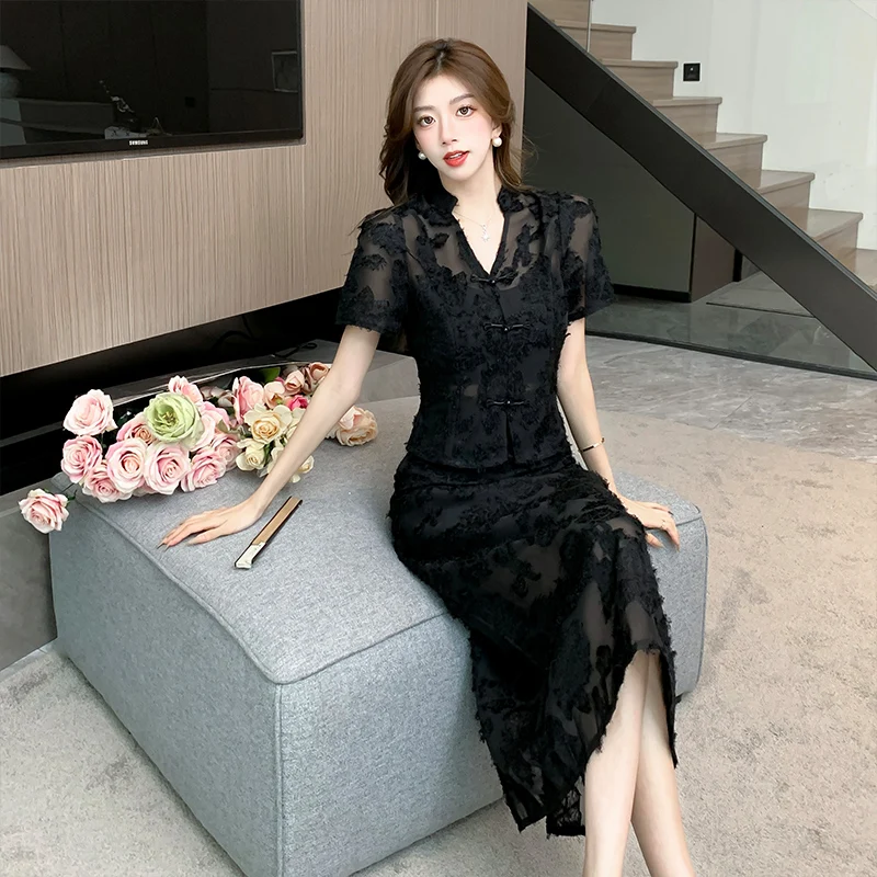 Chinese Style Summer Black Two Piece Set Elegant Women V Neck Single Breasted Tassel Shirt+High Waist Long Fringed Skirt Suits