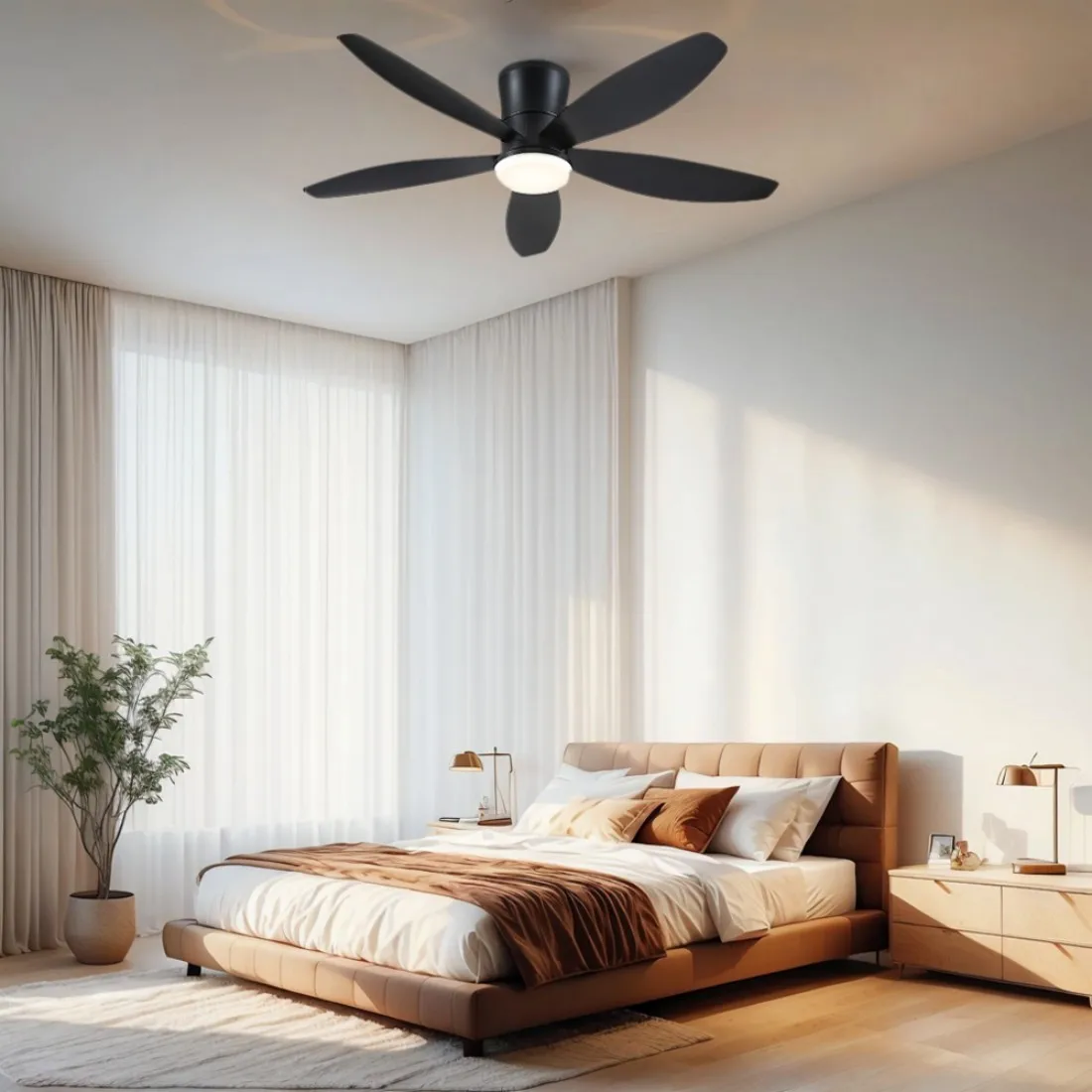 Ventilatore da soffitto a basso profilo con luce e telecomando, dimmerabile e silenzioso, adatto per camere da letto e cucine.