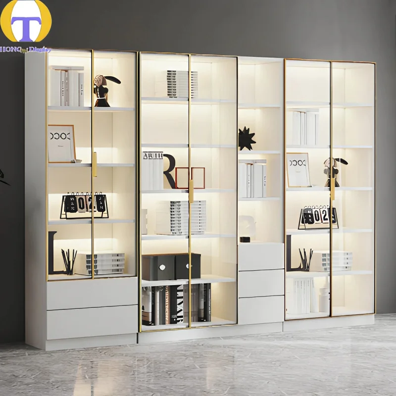 custom.Modern Luxury Full Wall Tempered Glass Heavy Duty Display Cabinet with LED Lighting Eco-Friendly & Waterproof Books Toy F