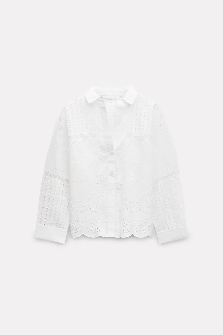 Summer 2024 New Faion Sweet Collar Long Sve Hollow out Decorative Vertical Lace Embroidery irt Women's Loose Fit irt