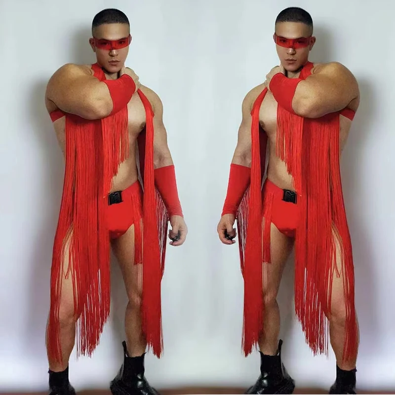 

Pole Dance Costumes Men Sexy Gogo Dancer Clothing Red Tassel Tops Shorts Nightclub Bar Dancewear Male Festival Rave Outfit 1708